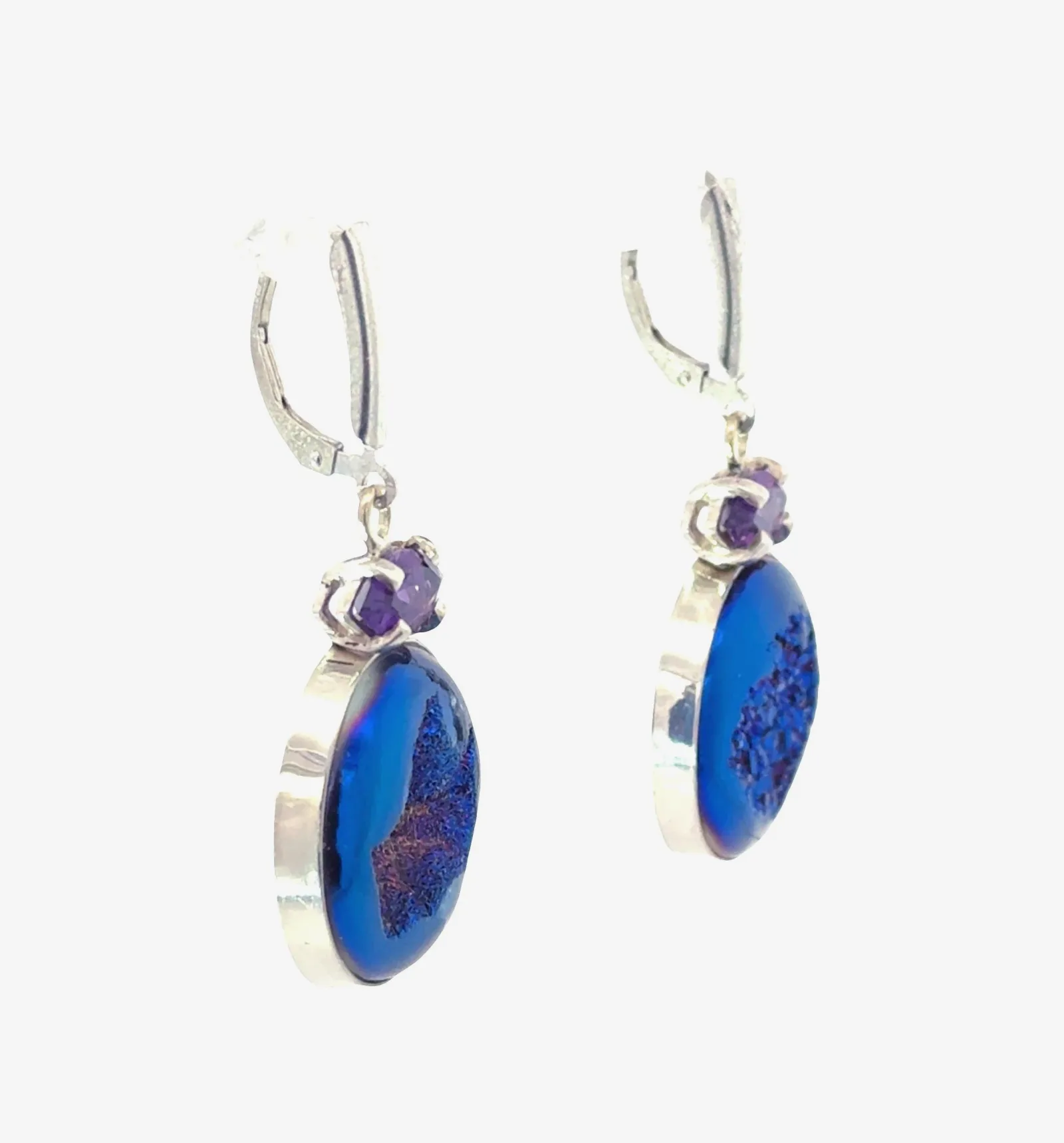 Drusy Round Blue Drusy with Marquis Amethyst Earrings Sterling Silver by Sharon Teaman — view 3