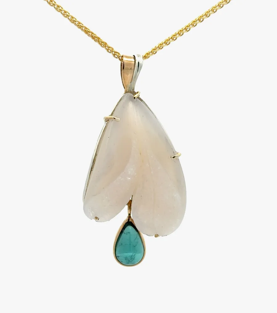 Drusy W Carved (& Dimensional) White Drusy Agate accented with Green Tourmaline Drop by Sharon Teaman