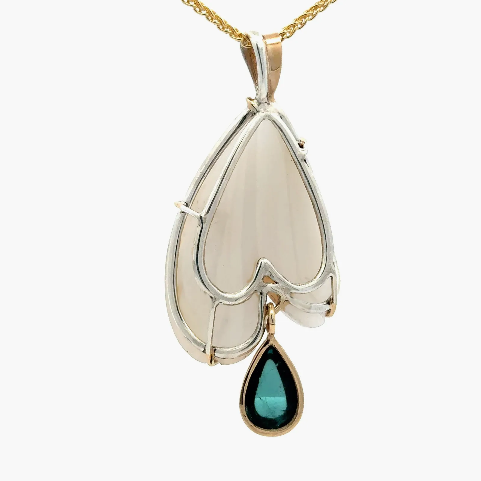 Drusy W Carved (& Dimensional) White Drusy Agate accented with Green Tourmaline Drop by Sharon Teaman — view 2