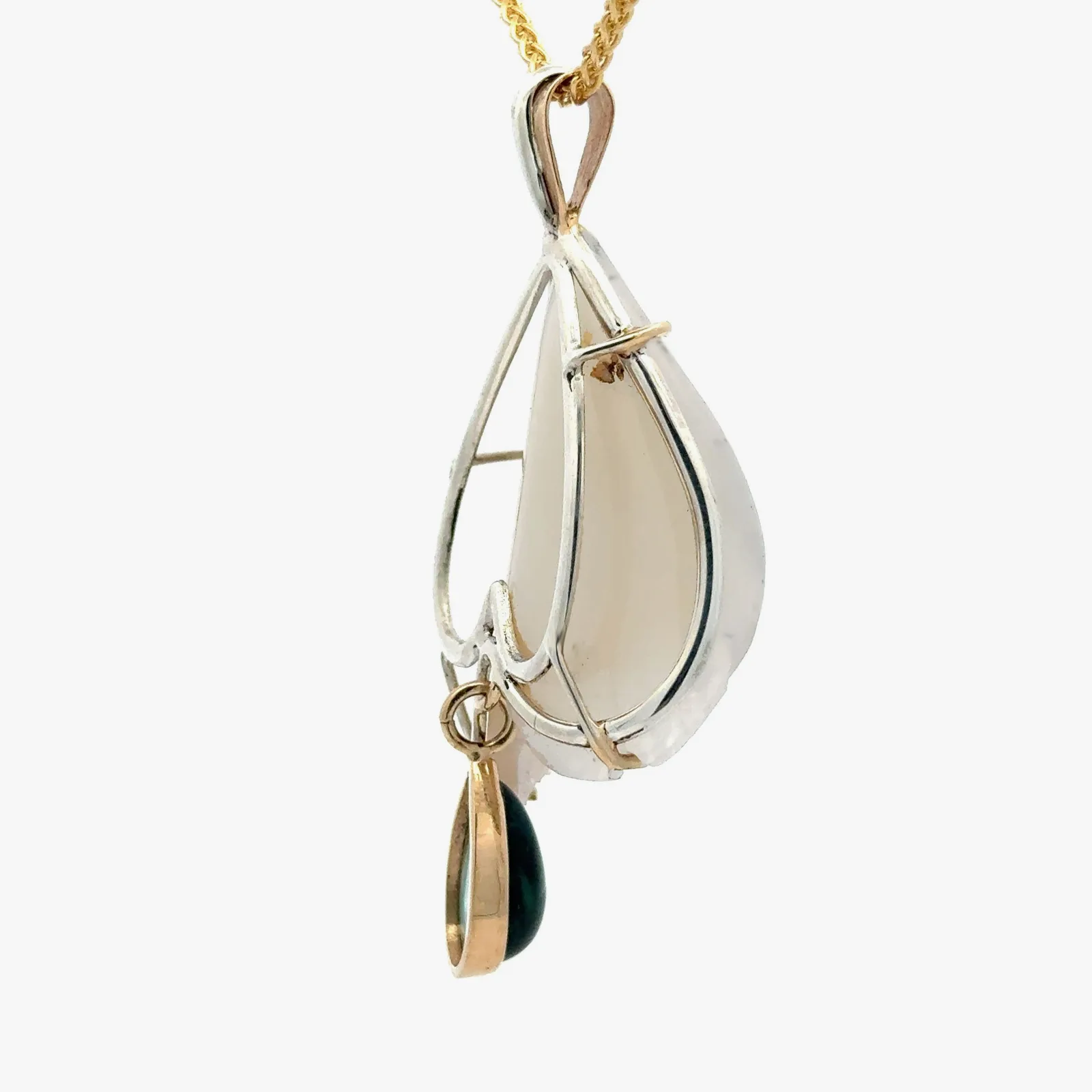 Drusy W Carved (& Dimensional) White Drusy Agate accented with Green Tourmaline Drop by Sharon Teaman — view 3