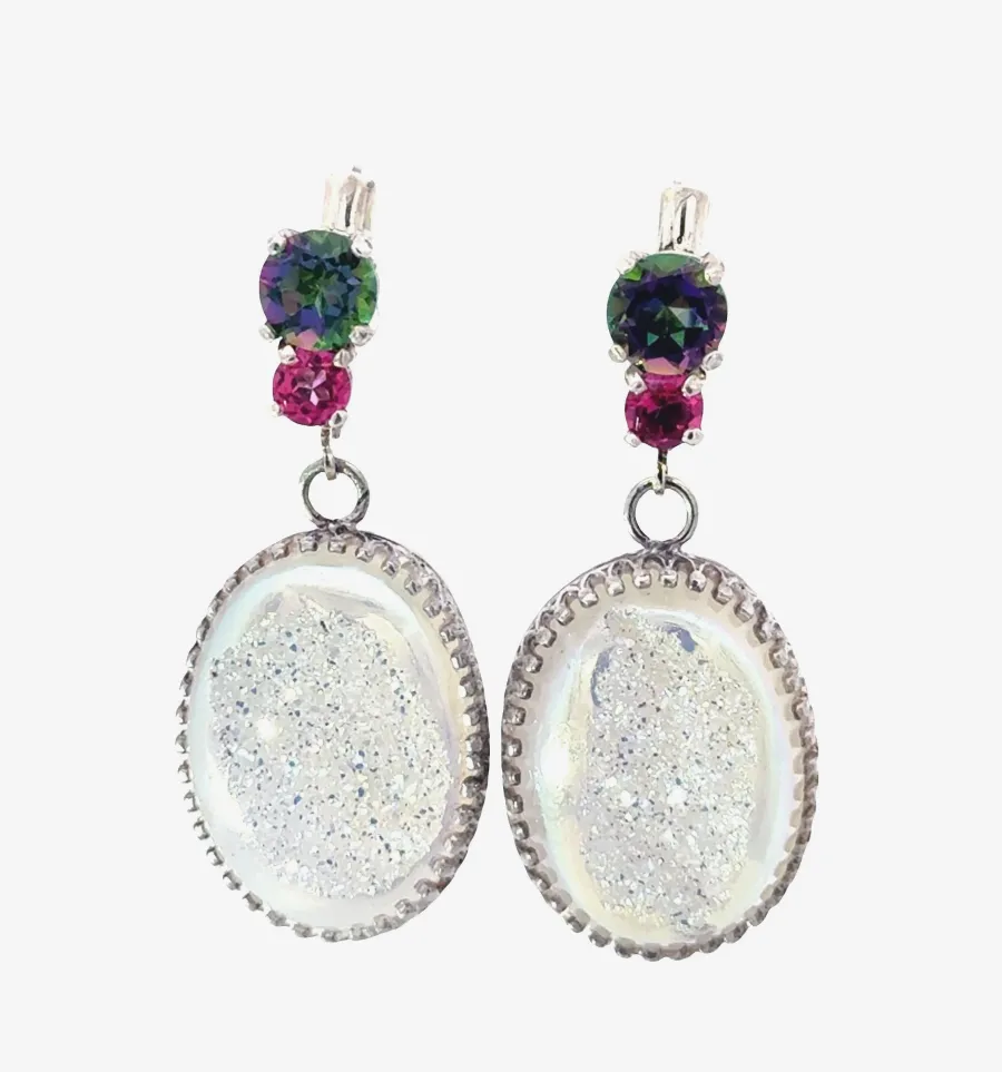 Drusy White Pearlescent- Earrings Accented with Mystic Topaz by Sharon Teaman