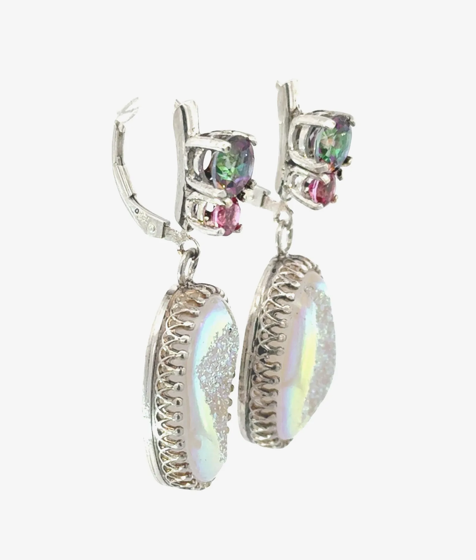 Drusy White Pearlescent- Earrings Accented with Mystic Topaz by Sharon Teaman — view 2
