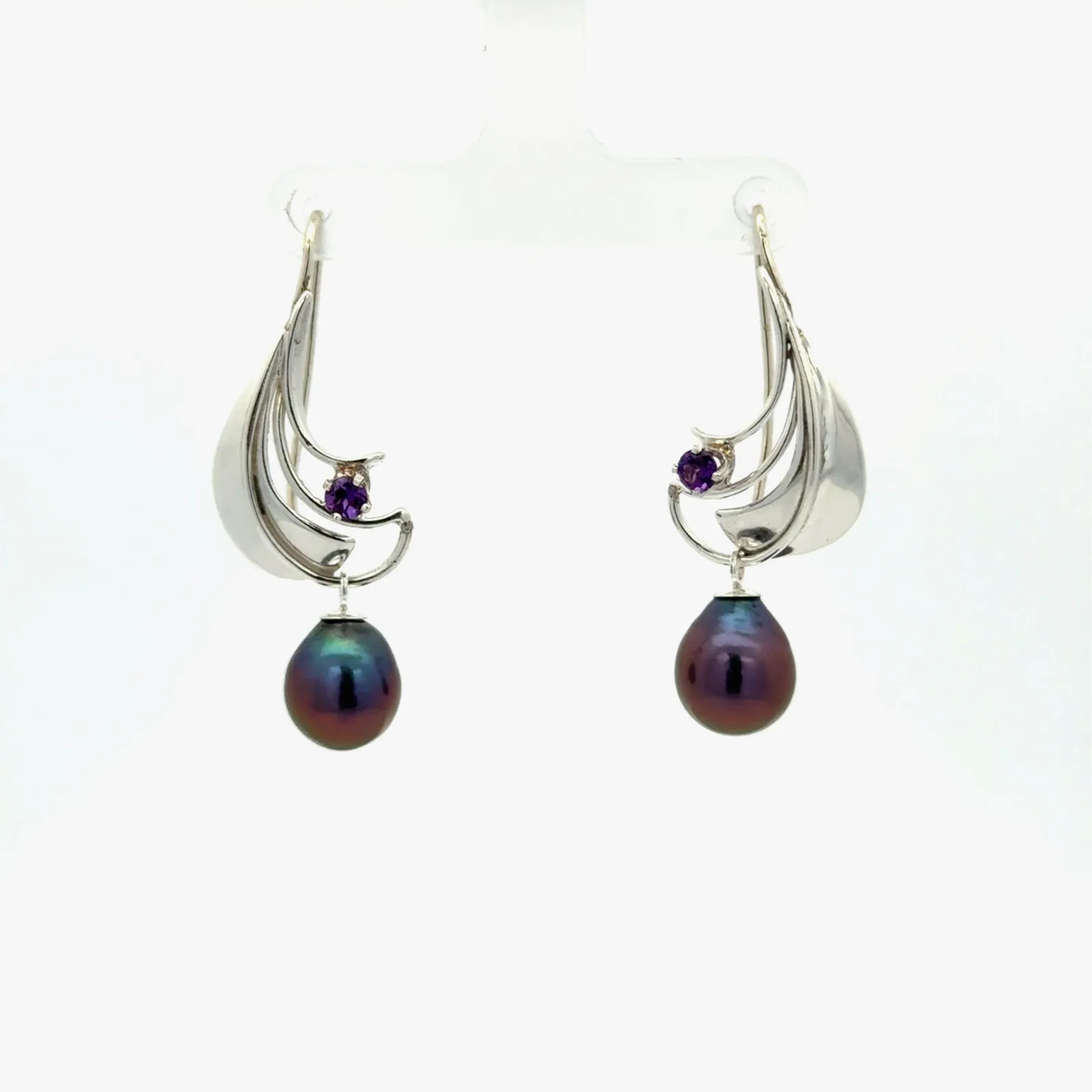Freshwater Aubergine Pearl Earrings with Amethyst by Sharon Teaman — view 1