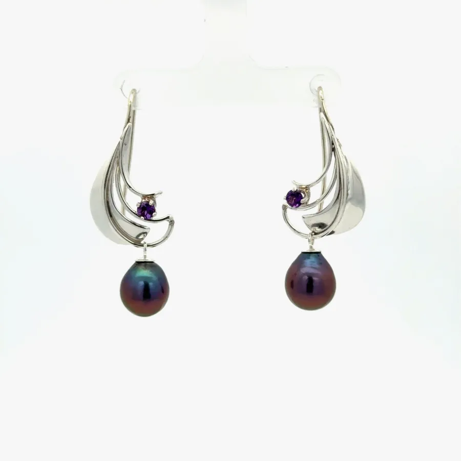 Freshwater Aubergine Pearl Earrings with Amethyst by Sharon Teaman