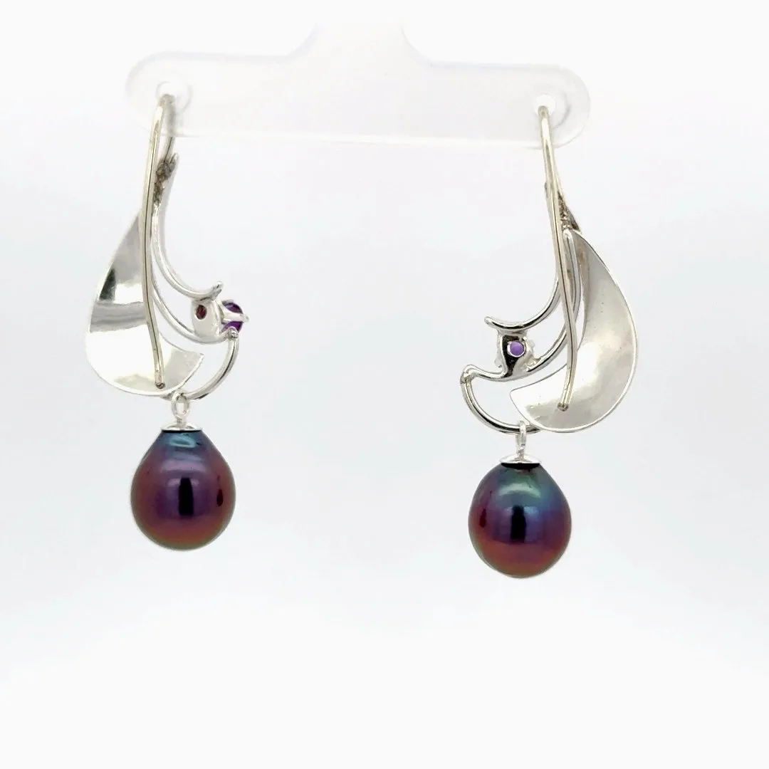 Freshwater Aubergine Pearl Earrings with Amethyst by Sharon Teaman — view 2