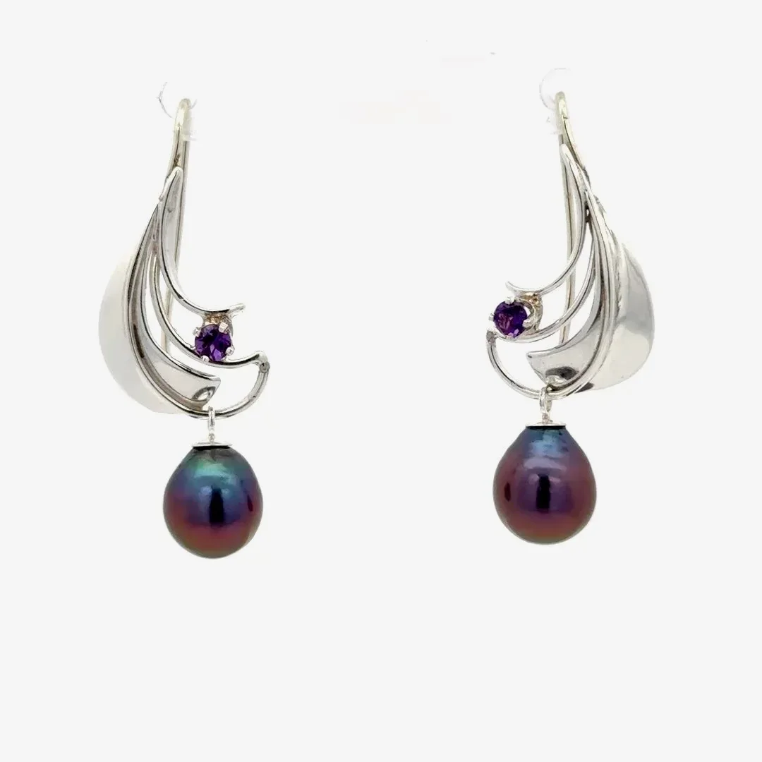 Freshwater Aubergine Pearl Earrings with Amethyst by Sharon Teaman — view 3