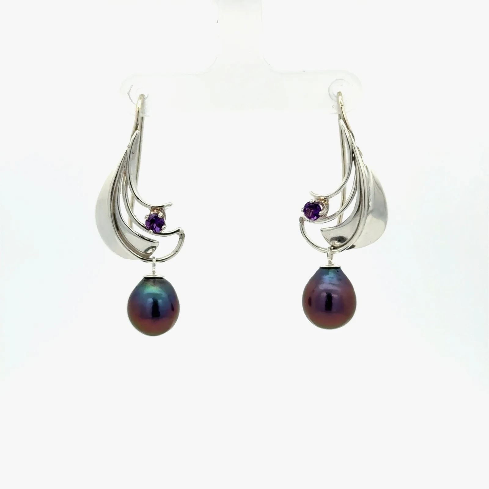 Freshwater Aubergine Pearl Earrings with Amethyst by Sharon Teaman — view 4