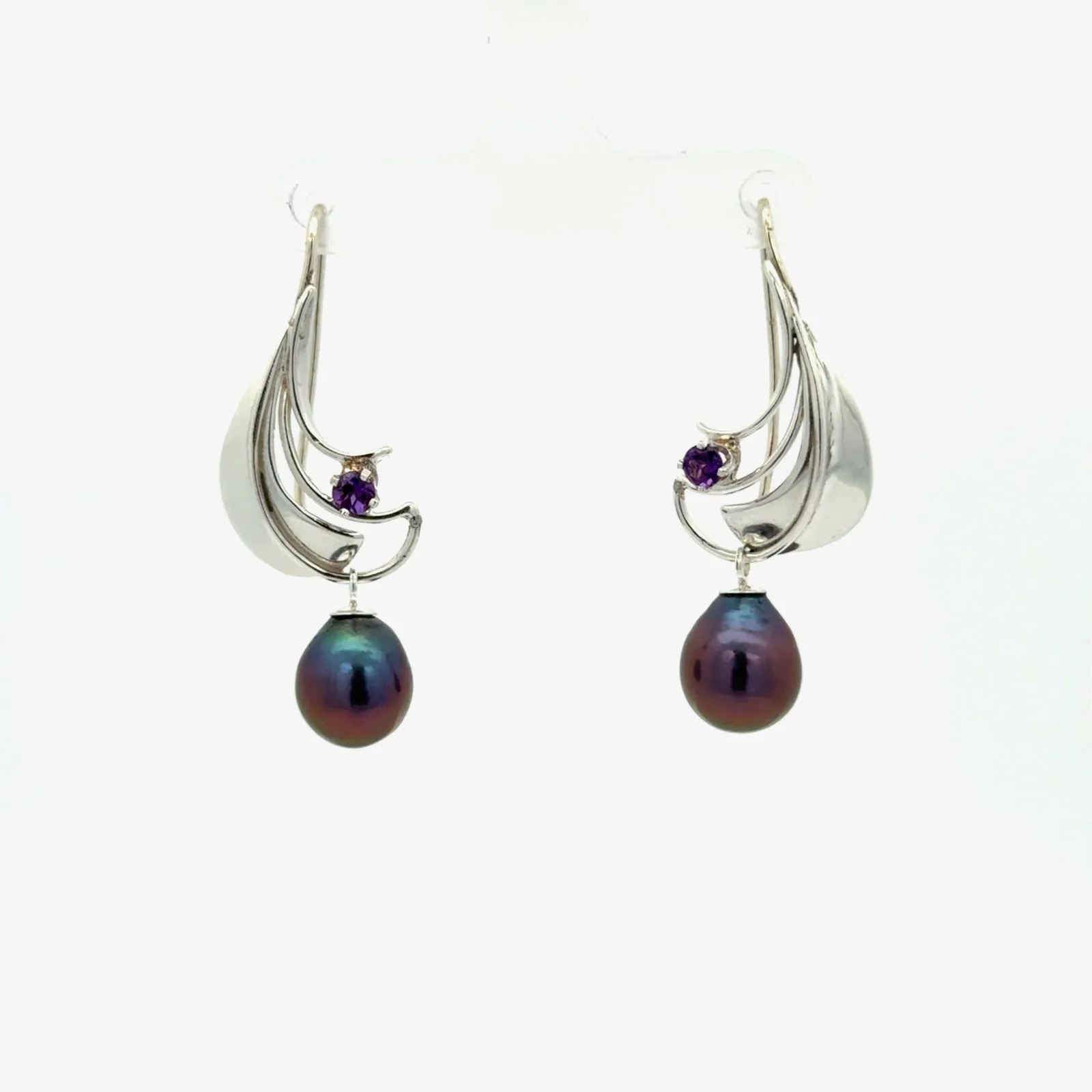 Freshwater Aubergine Pearl Earrings with Amethyst by Sharon Teaman — view 5
