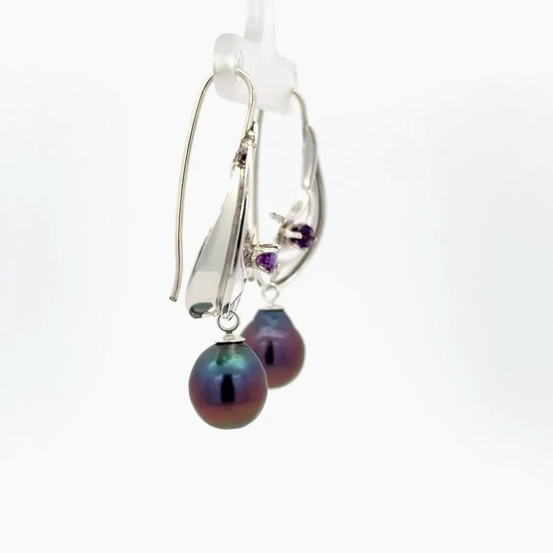 Freshwater Aubergine Pearl Earrings with Amethyst by Sharon Teaman — view 7