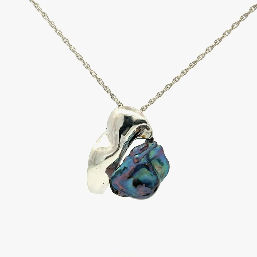 Freshwater Black Baroque Pearl and Free Form Sterling Silver Pendant by Sharon Teaman