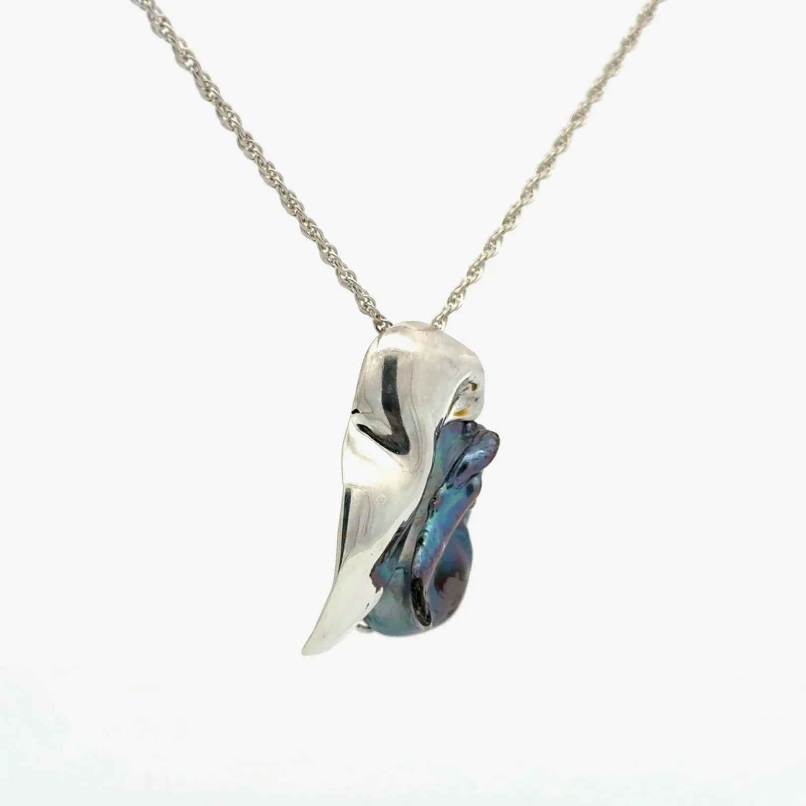 Freshwater Black Baroque Pearl and Free Form Sterling Silver Pendant by Sharon Teaman — view 2