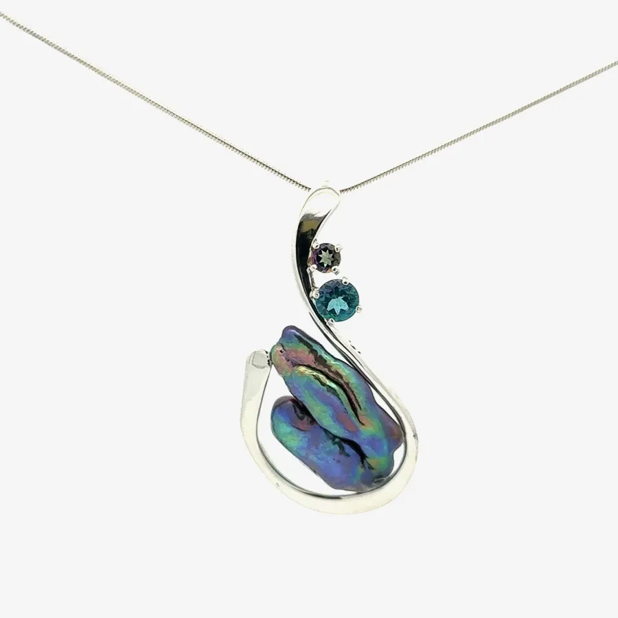 Freshwater Black Baroque Pearl Pendant with Mystic Topaz and Sterling Silver by Sharon Teaman