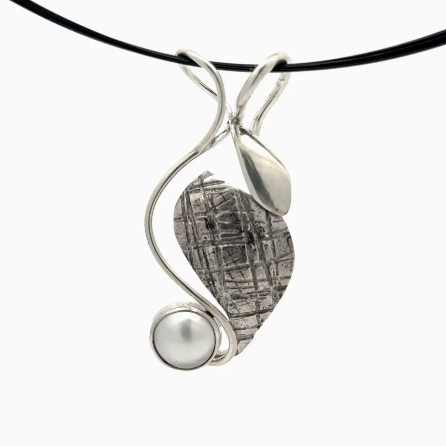 Freshwater Mabe Pearl Pendant in "Textured Plaid" Sterling Silver by Sharon Teaman