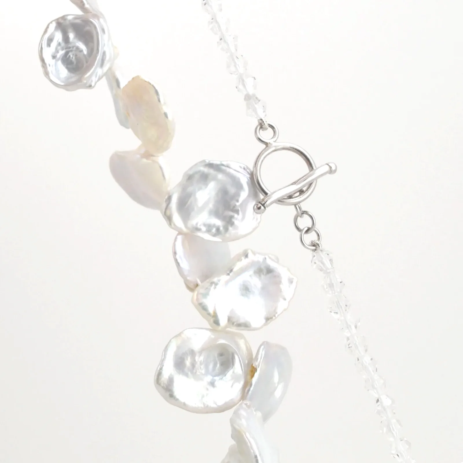 Freshwater White Keshi Pearls Single strand with Large Keshi 17x14mm with 5 inch crystal strand. by Sharon Teaman — view 3