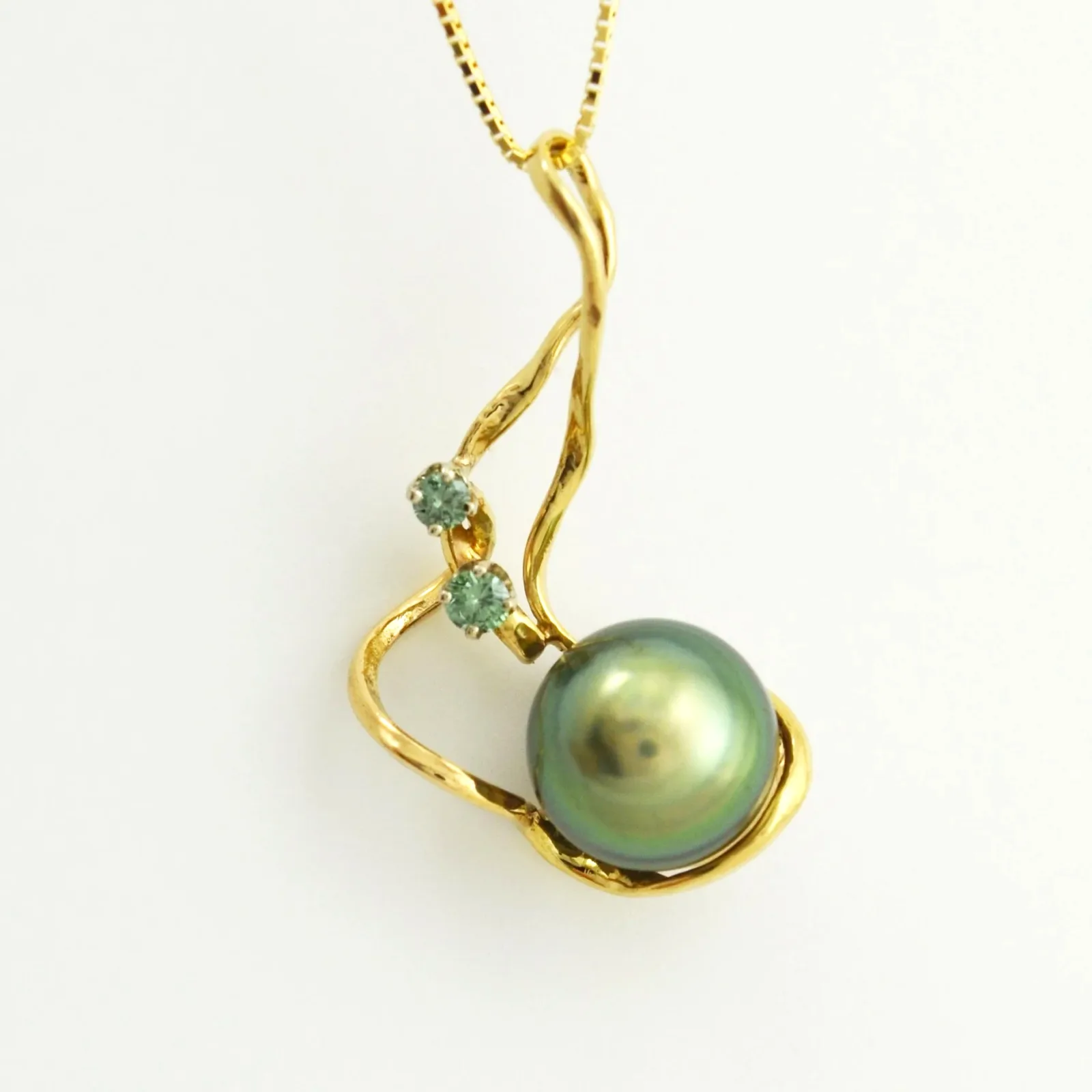 Green Tahitian (Rare Color) Pearl Pendant accented with marching Green Diamonds (Earth mined) by Sharon Teaman — view 1