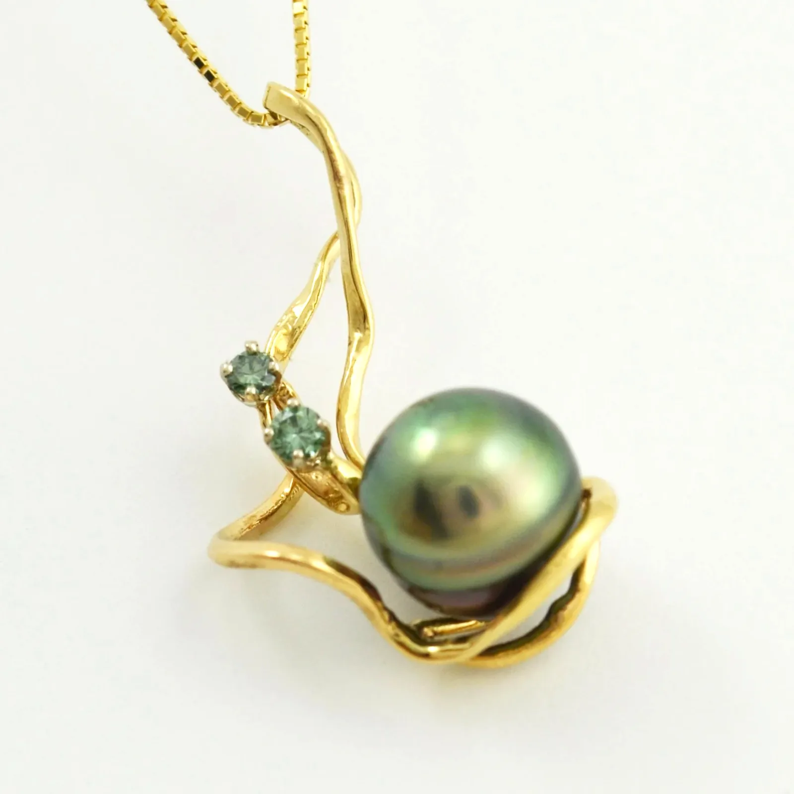 Green Tahitian (Rare Color) Pearl Pendant accented with marching Green Diamonds (Earth mined) by Sharon Teaman — view 2
