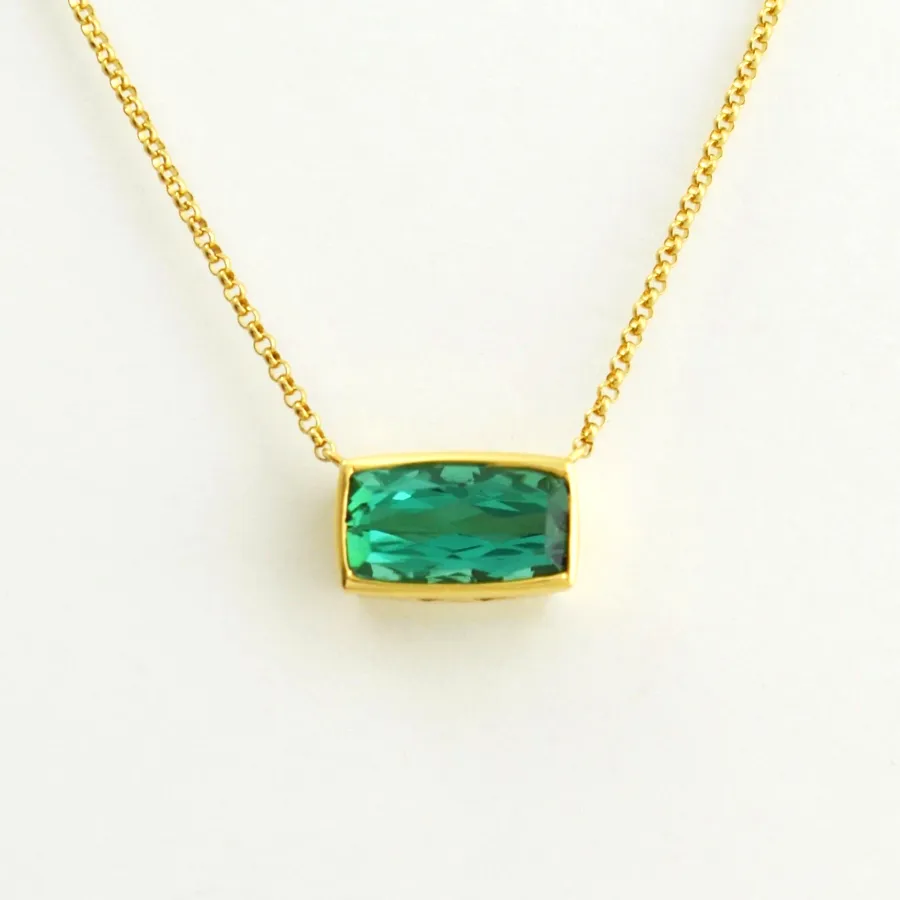 Green Tourmaline Cushion Cut Necklace with attached chain in 18K Yellow gold by Sharon Teaman