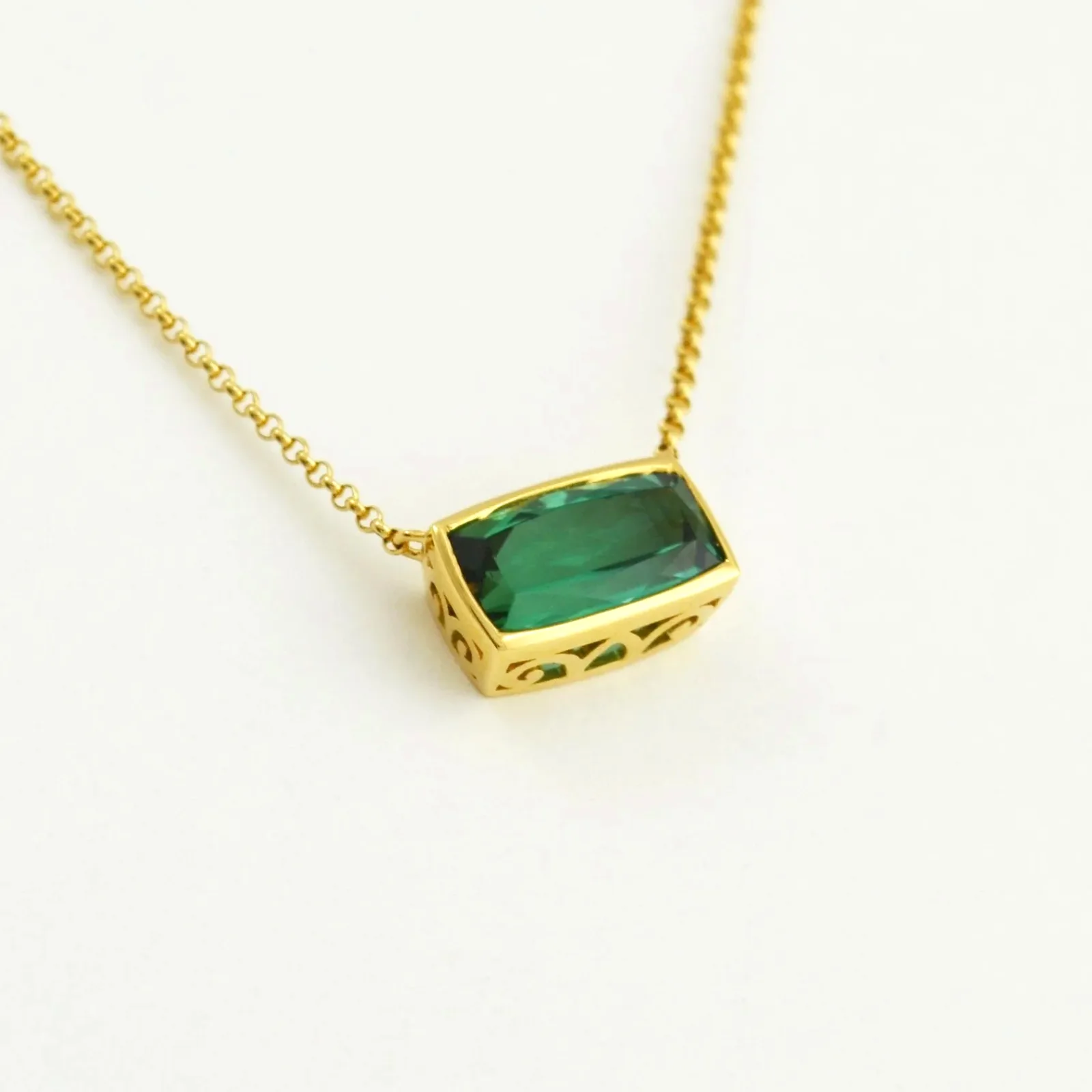 Green Tourmaline Cushion Cut Necklace with attached chain in 18K Yellow gold by Sharon Teaman — view 2