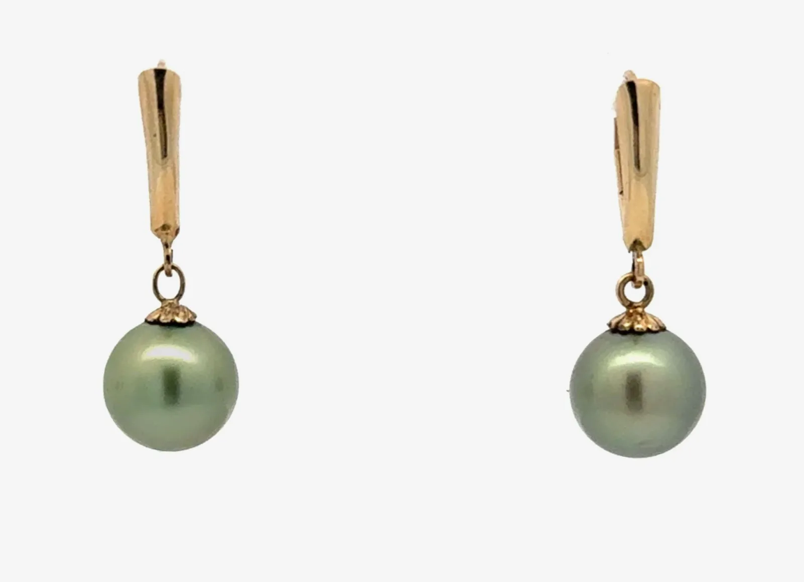 Matching 10.5mm Pistachio Green Tahitian Pearls - Dangle Earrings - 14K YellowGold by Sharon Teaman — view 1