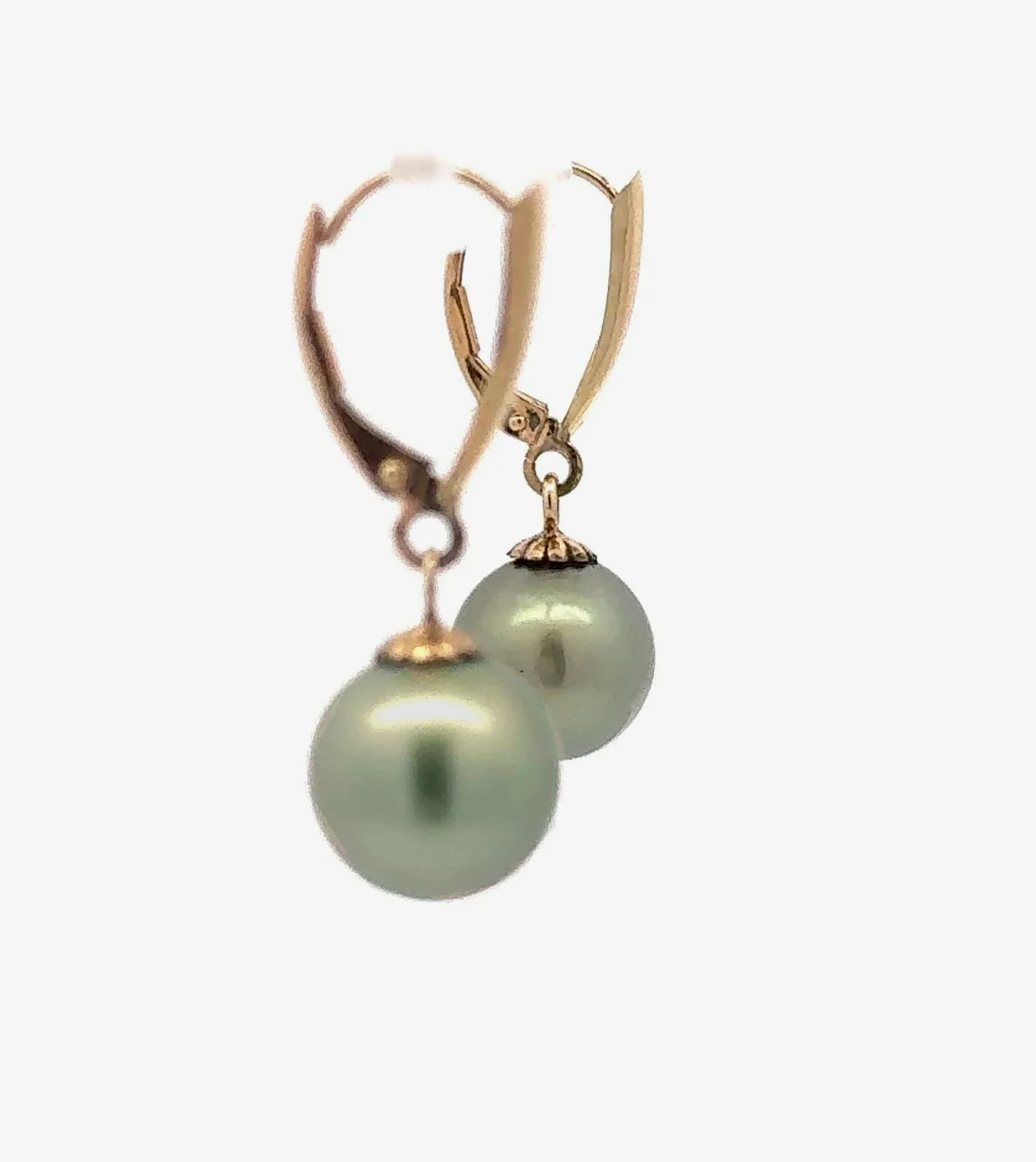 Matching 10.5mm Pistachio Green Tahitian Pearls - Dangle Earrings - 14K YellowGold by Sharon Teaman — view 2