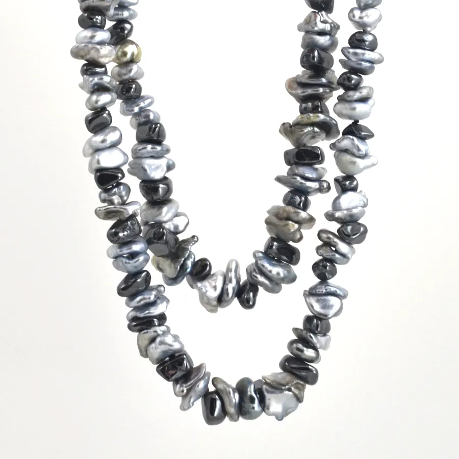 Mixed Keshi South Sea Pearl and Hematite DOUBLE strand with Silver Chain for adjustable length by Sharon Teaman