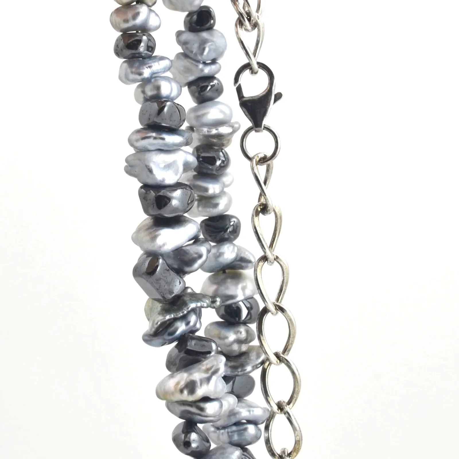 Mixed Keshi South Sea Pearl and Hematite DOUBLE strand with Silver Chain for adjustable length by Sharon Teaman — view 2