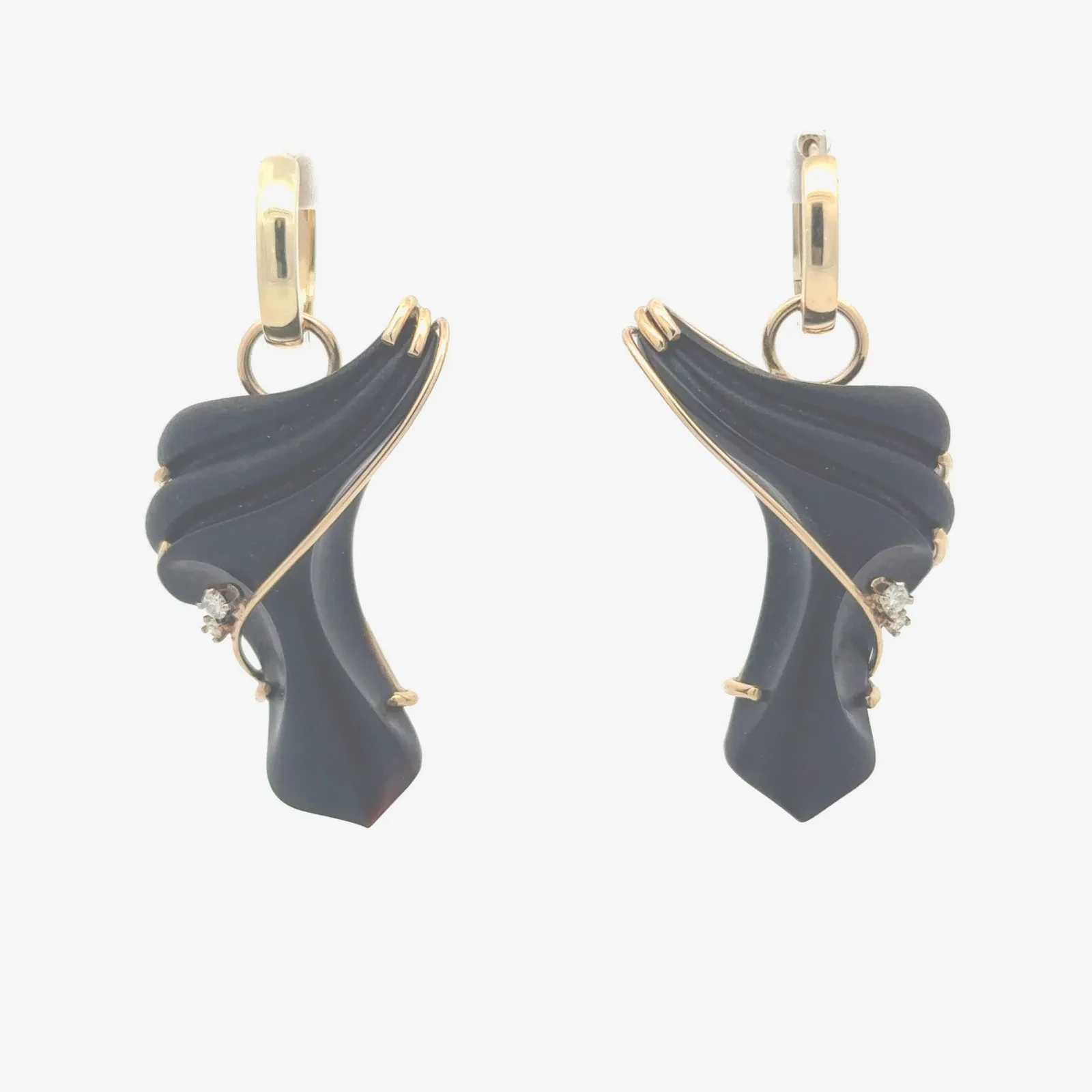 Onyx Matching (Mirror Imaged) Hand Carved Onyx - Shown on 14K Yellow Gold Huggies (Priced Separately) by Sharon Teaman — view 1