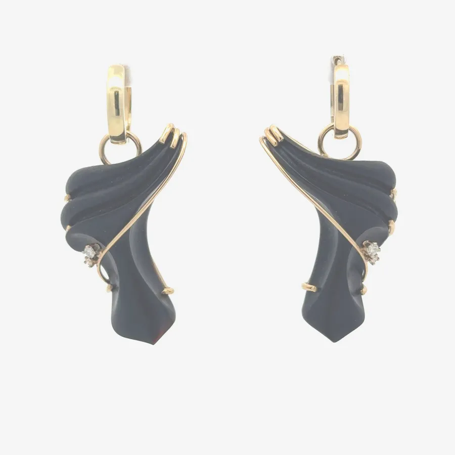 Onyx Matching (Mirror Imaged) Hand Carved Onyx - Shown on 14K Yellow Gold Huggies (Priced Separately) by Sharon Teaman