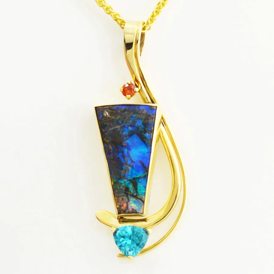 Opal Bdr Boulder Opal Solid Stack Pendant Accented with an "Extra Fine" Apatite andOrange/Red Garnet by Sharon Teaman
