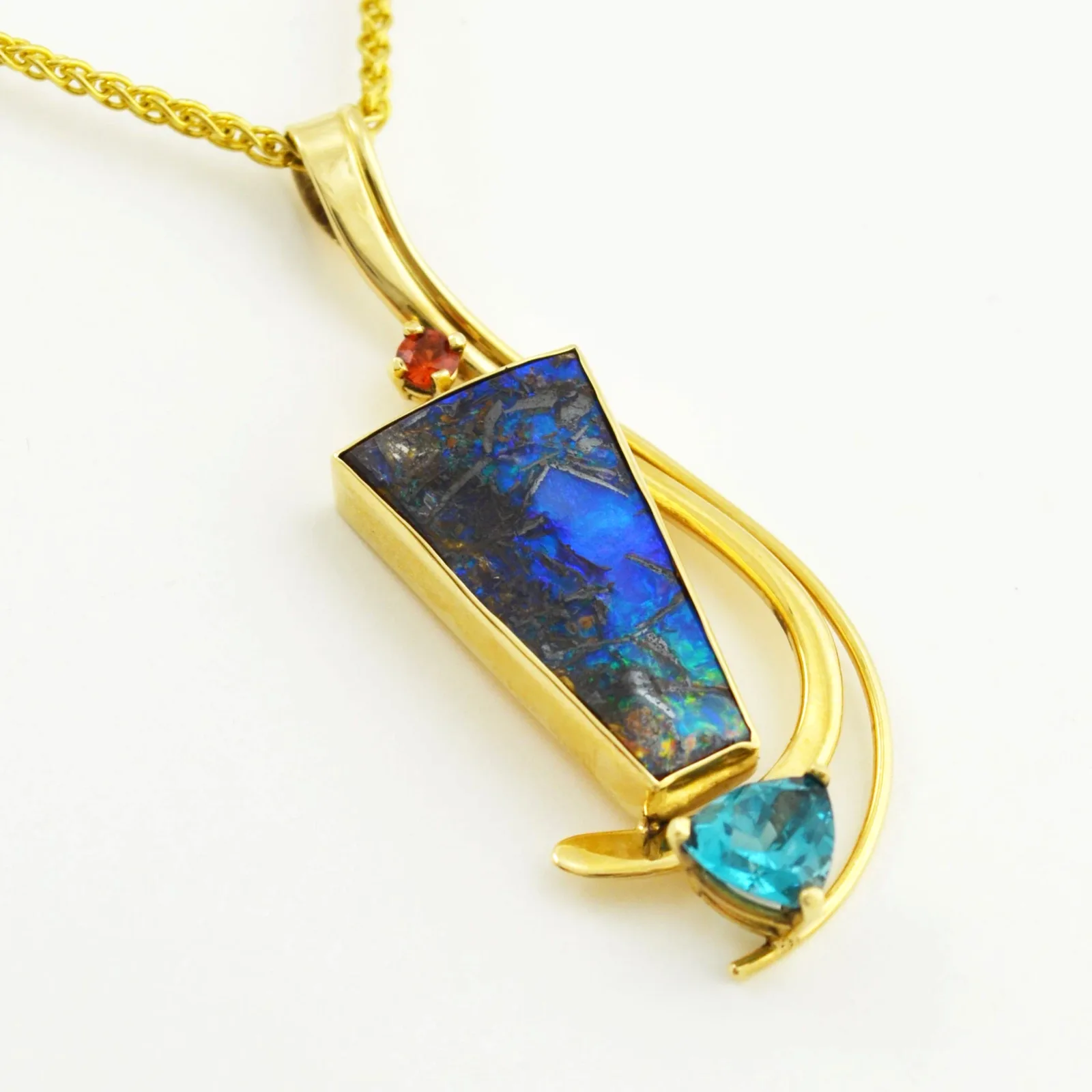 Opal Bdr Boulder Opal Solid Stack Pendant Accented with an "Extra Fine" Apatite andOrange/Red Garnet by Sharon Teaman — view 2