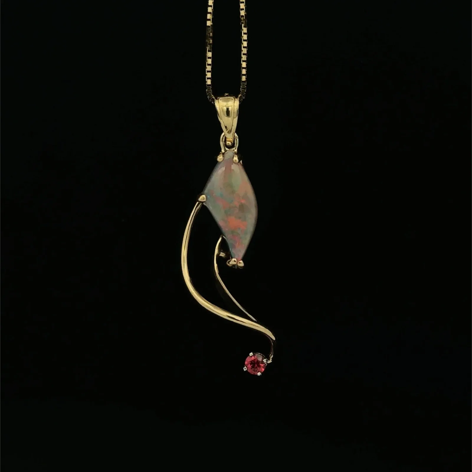Opal Pendant Mintiby Grey with Red/Orange Fire and an Orange Sapphire set in 14K yellow gold by Sharon Teaman — view 1
