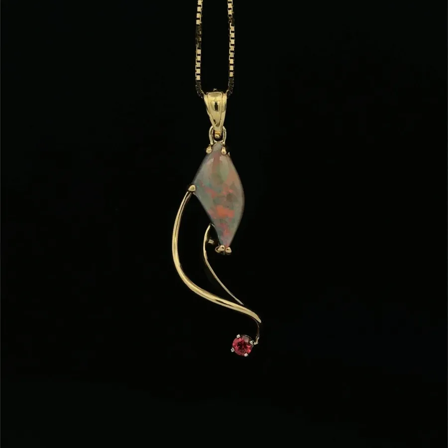 Opal Pendant Mintiby Grey with Red/Orange Fire and an Orange Sapphire set in 14K yellow gold by Sharon Teaman