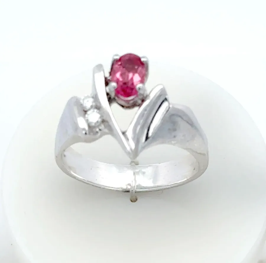 Oval Pink Tourmaline V Ring with 2 round Moissanite Accents by Sharon Teaman