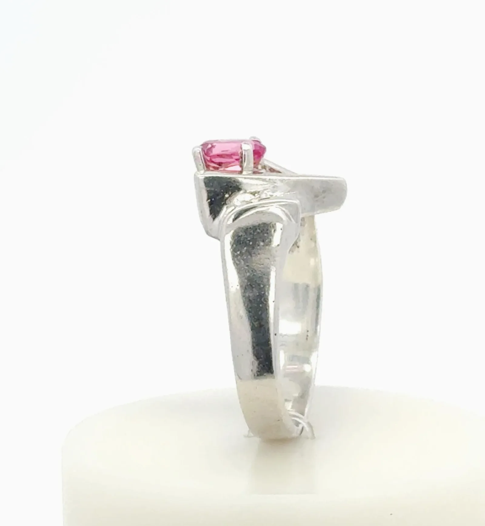 Oval Pink Tourmaline V Ring with 2 round Moissanite Accents by Sharon Teaman — view 2