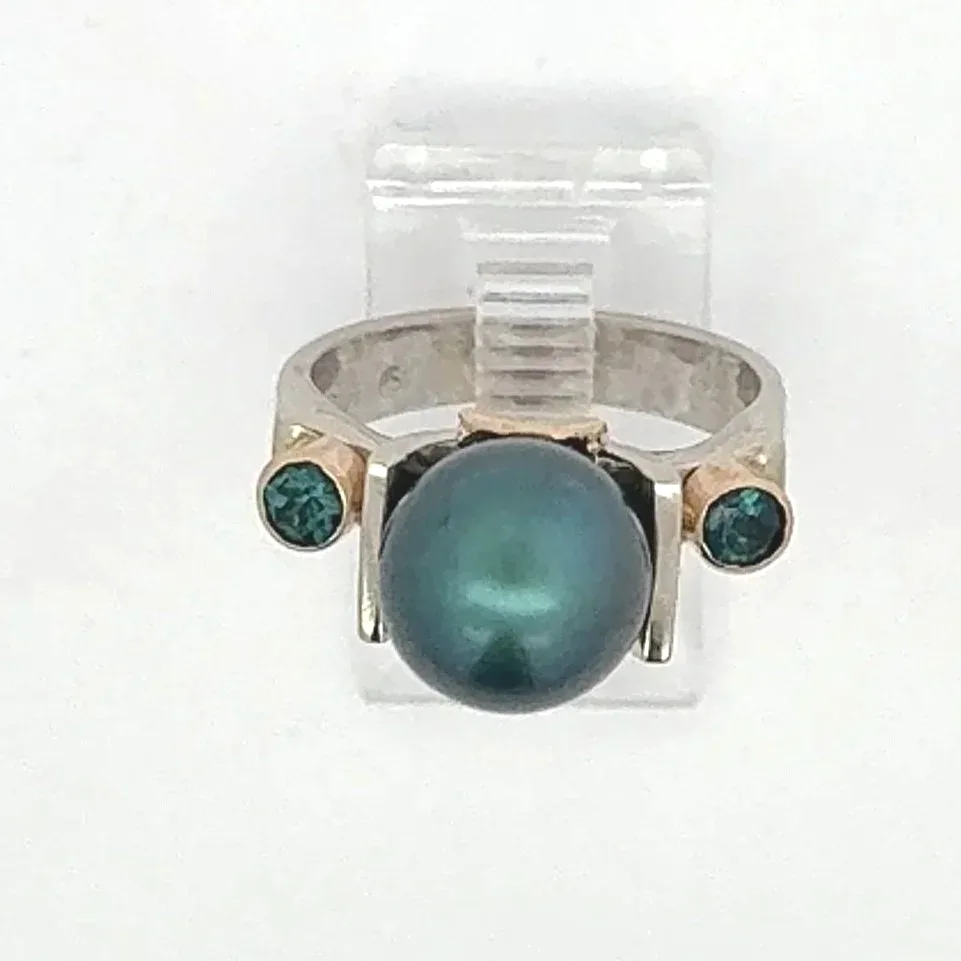 Peacock Blue Tahitian Pearl Ring with Teal Tourmalines by Sharon Teaman — view 1