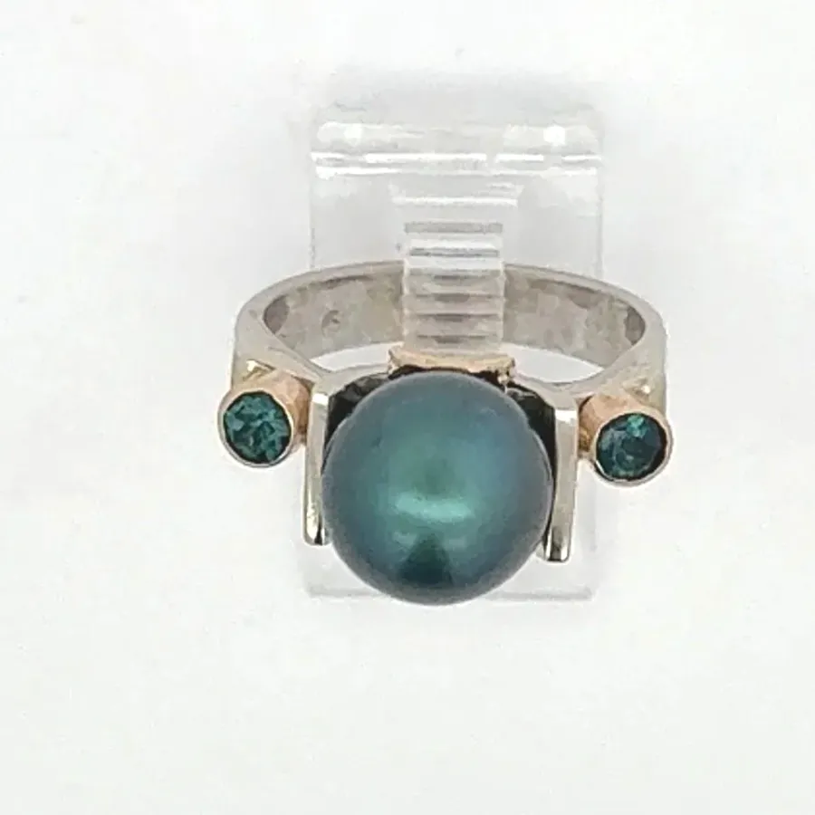 Peacock Blue Tahitian Pearl Ring with Teal Tourmalines by Sharon Teaman