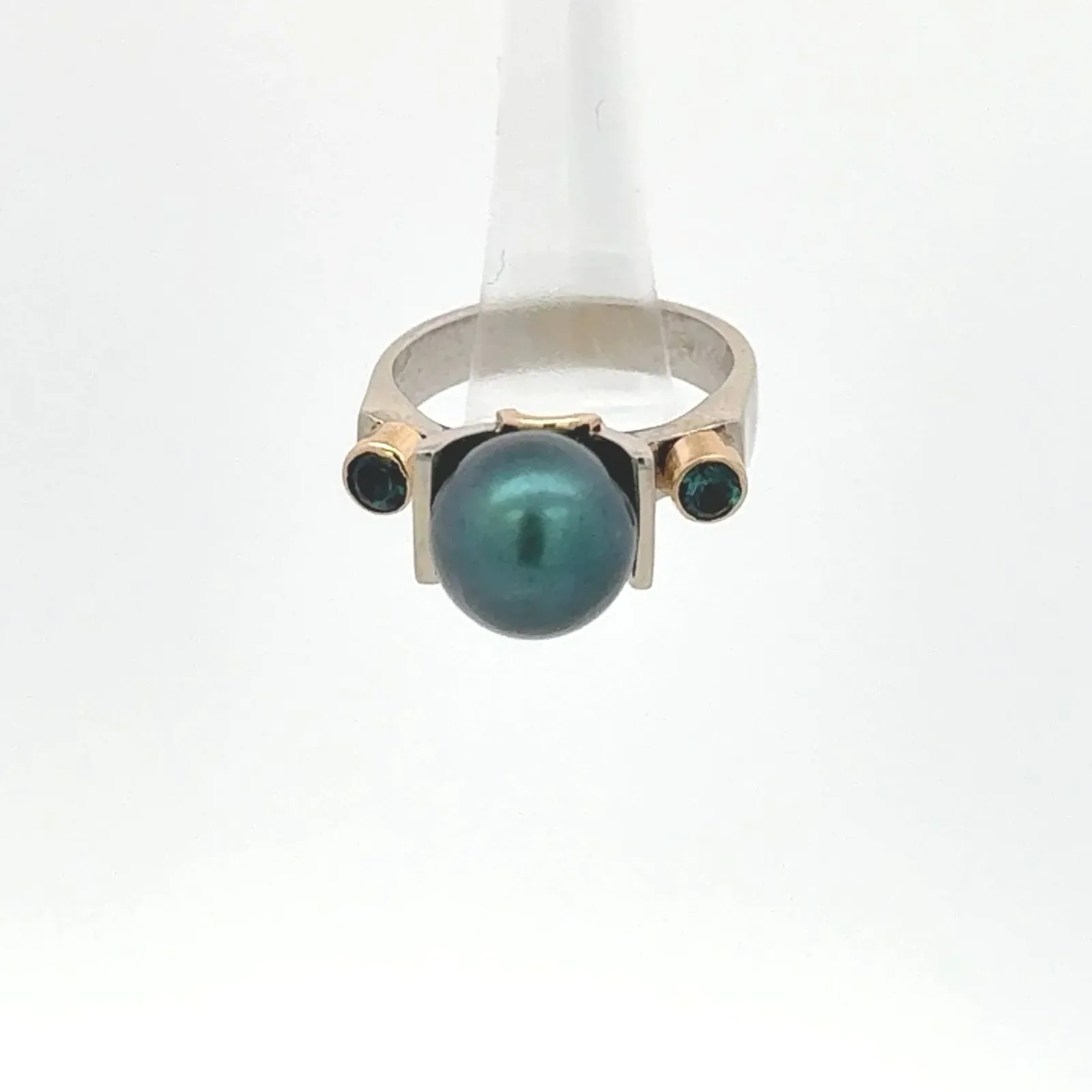 Peacock Blue Tahitian Pearl Ring with Teal Tourmalines by Sharon Teaman — view 2