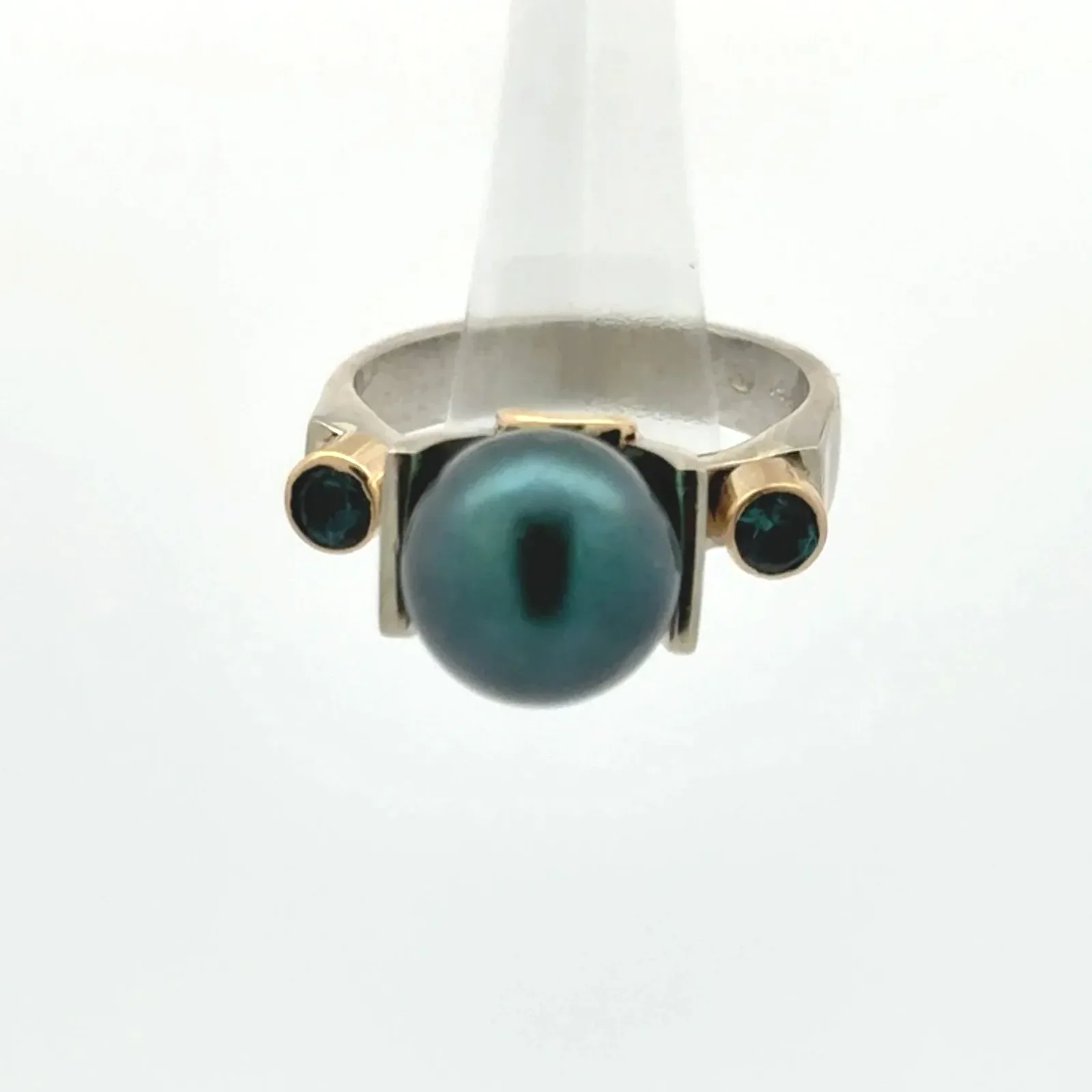 Peacock Blue Tahitian Pearl Ring with Teal Tourmalines by Sharon Teaman — view 4