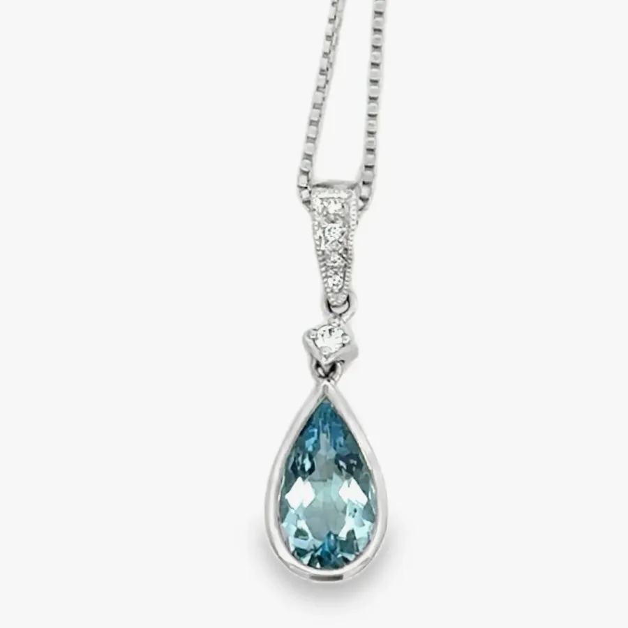 Pear Shapped Aquamarine and Diamond Pendant in 18K White Gold by Sharon Teaman