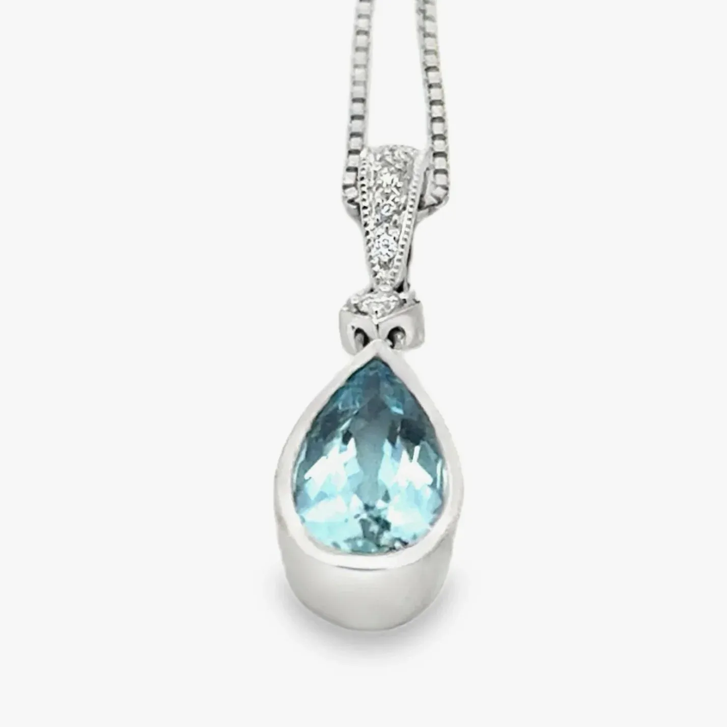Pear Shapped Aquamarine and Diamond Pendant in 18K White Gold by Sharon Teaman — view 2