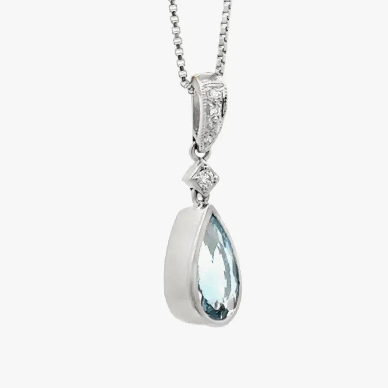 Pear Shapped Aquamarine and Diamond Pendant in 18K White Gold by Sharon Teaman — view 3