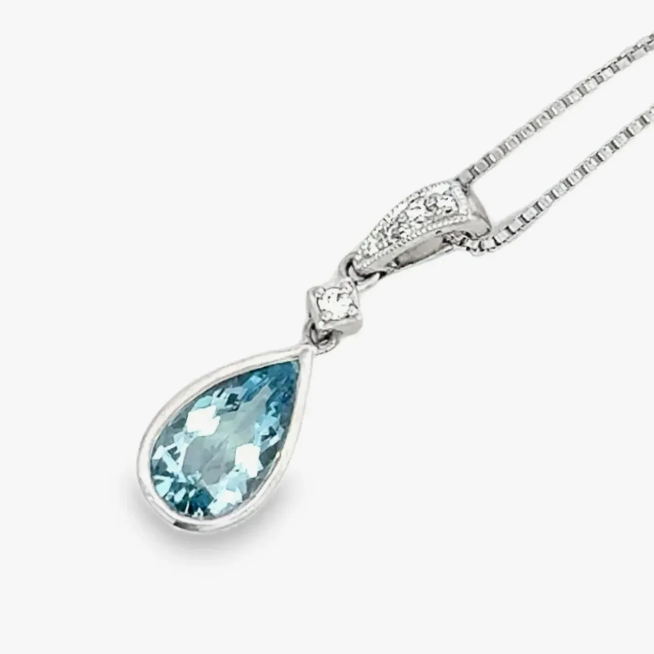 Pear Shapped Aquamarine and Diamond Pendant in 18K White Gold by Sharon Teaman — view 4