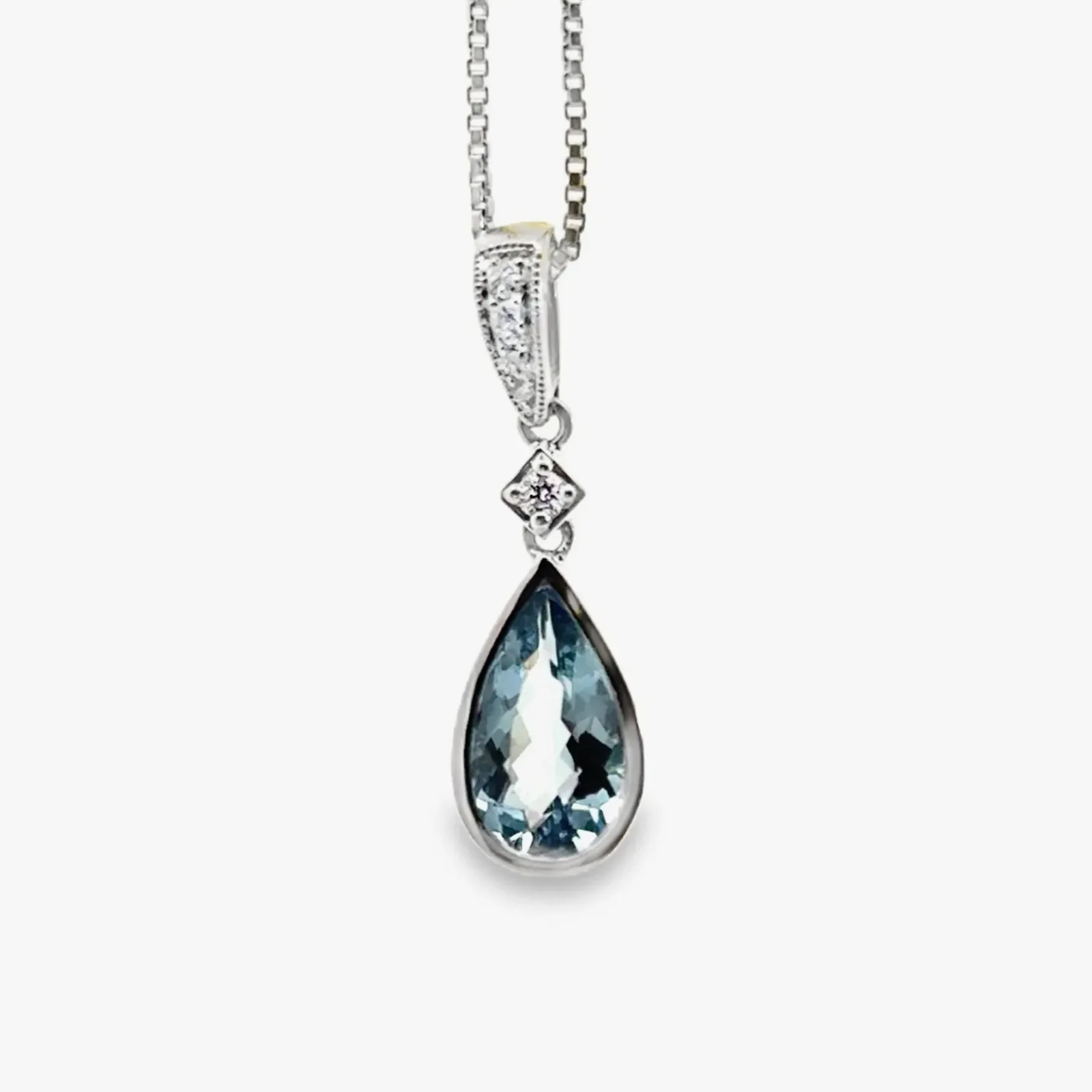 Pear Shapped Aquamarine and Diamond Pendant in 18K White Gold by Sharon Teaman — view 5