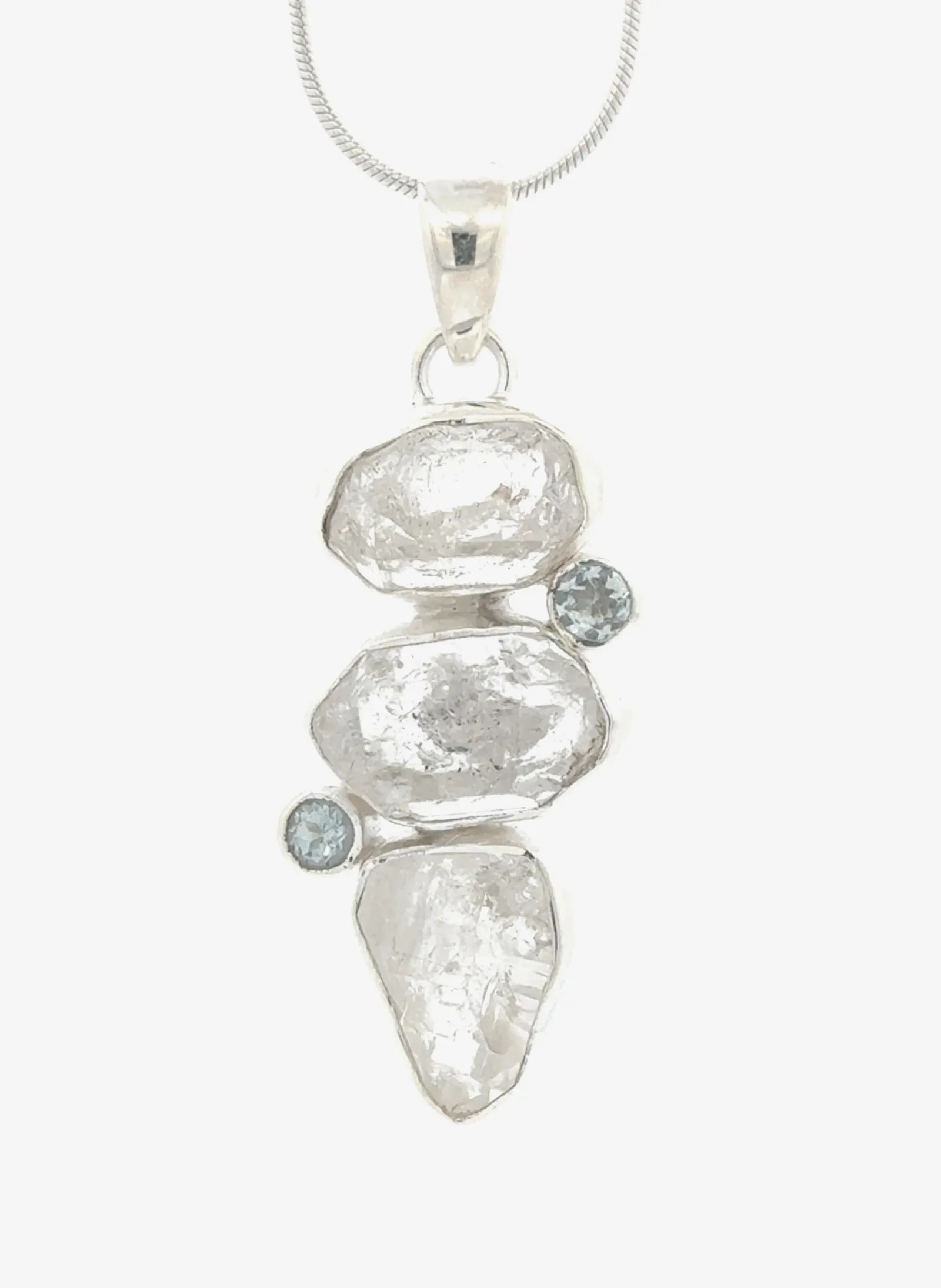 Pendant with 3 "Herkimer Diamonds" (Quartz Crystals) Accented with 2 Blue Topaz in Sterling Silver — $690 by Sharon Teaman — view 1