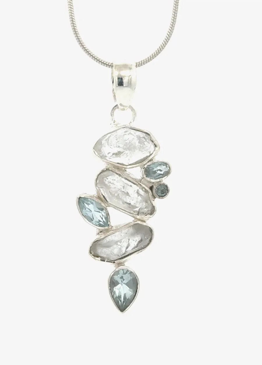 Pendant with 3 "Herkimer Diamonds" (Quartz Crystals) Accented with 4 Faceted Blue Topaz in Sterling Silver (Copy) — $490 by Sharon Teaman