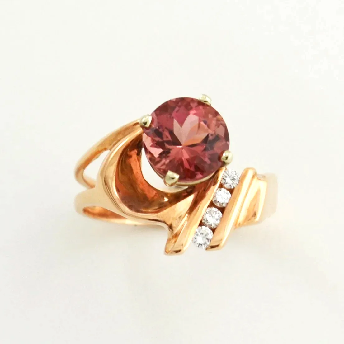 Pink/Peach Tourmaline Ring set in Rose Gold with 4 Diamond side accents by Sharon Teaman — view 1