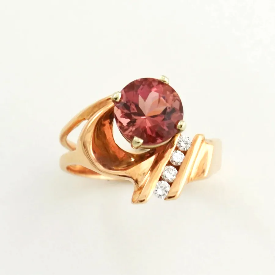 Pink/Peach Tourmaline Ring set in Rose Gold with 4 Diamond side accents by Sharon Teaman