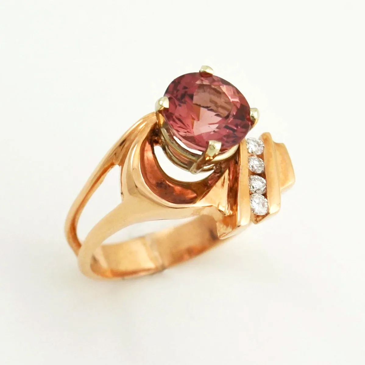 Pink/Peach Tourmaline Ring set in Rose Gold with 4 Diamond side accents by Sharon Teaman — view 2