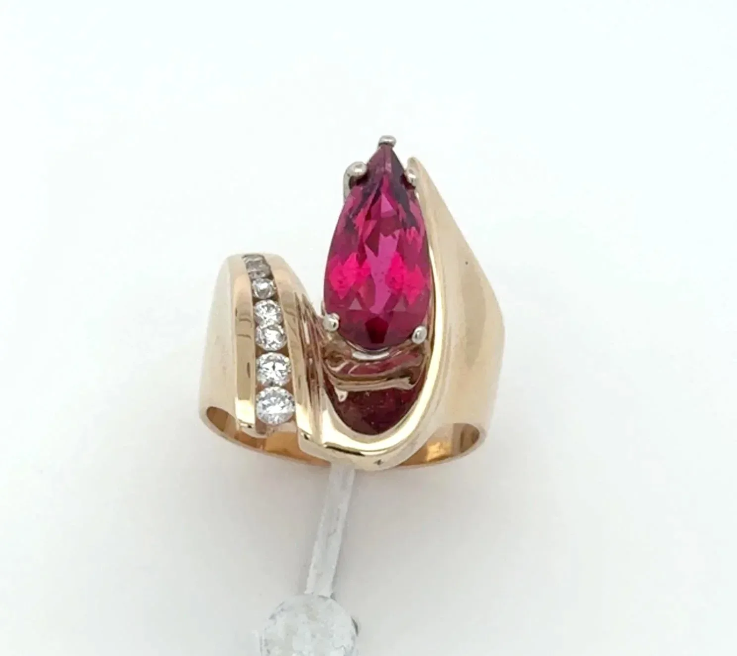 Pink Tourmaline "Rubellite Red" Elongated Pear Faceted Ring with 7 channel set Diamond accents (earth mined) by Sharon Teaman — view 1