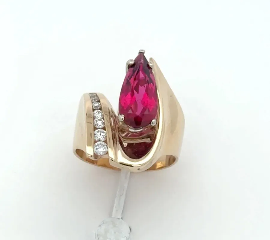 Pink Tourmaline "Rubellite Red" Elongated Pear Faceted Ring with 7 channel set Diamond accents (earth mined) by Sharon Teaman